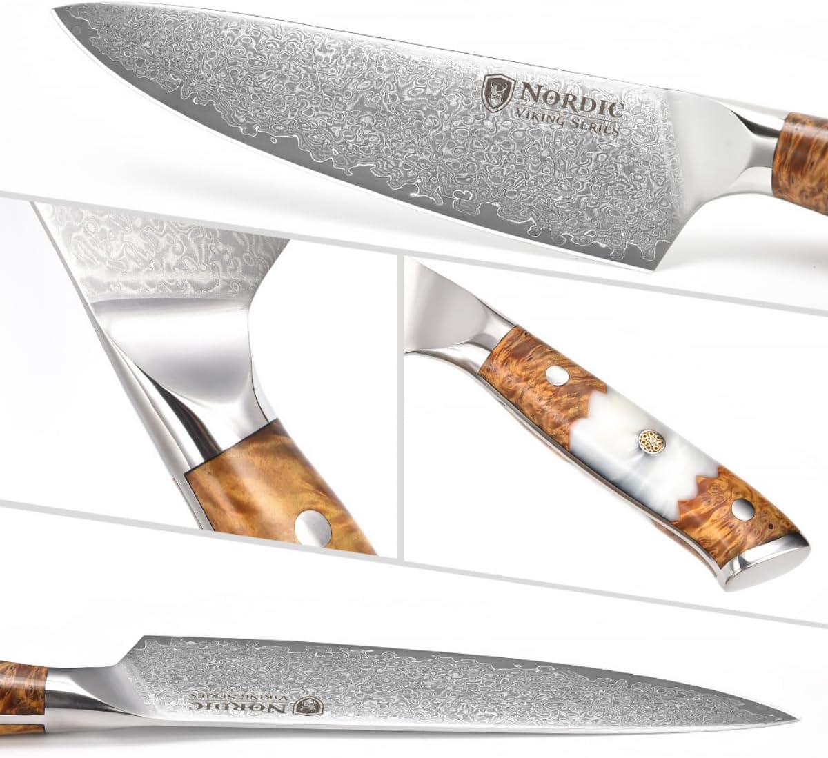 New Viking Series Professional 8 Inch Chef Knife, Japanese VG10 Super Steel, 67 Layers Razor Sharp Damascus Steel, Resin & Wood Handle, Leather Sheath