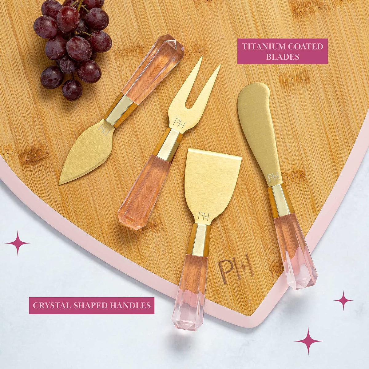 Paris Hilton Charcuterie Board and Serving Set, Bamboo Serving Board, Ceramic Dish, Cheese Utensils with Titanium Coated Blades, 6-Piece Set, Pink
