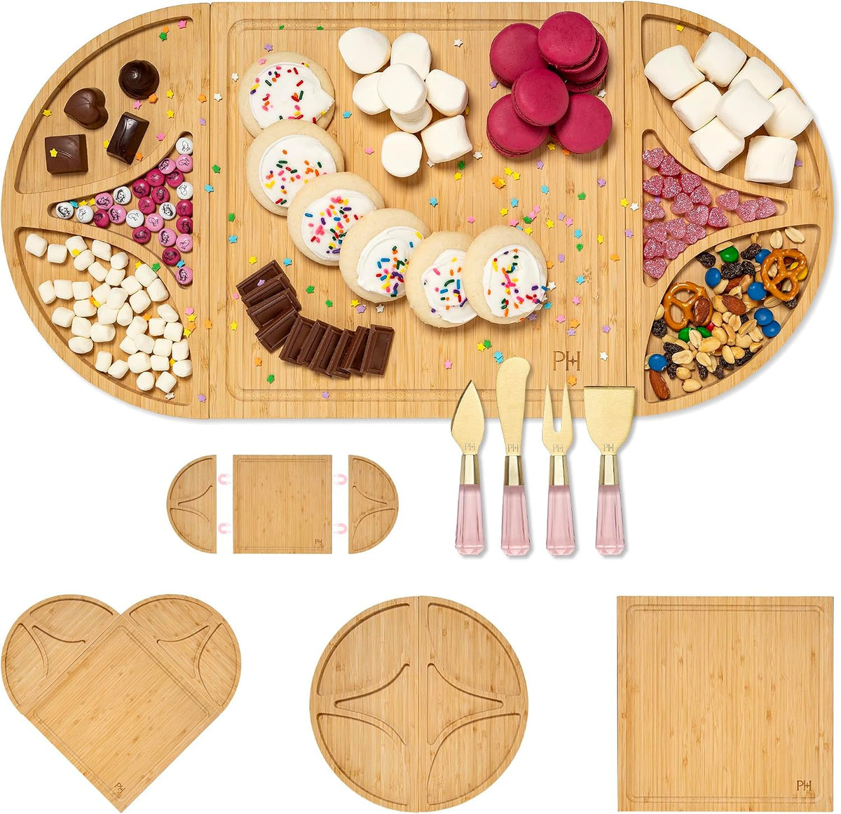 Paris Hilton Charcuterie Board and Serving Set, Bamboo Serving Board, Ceramic Dish, Cheese Utensils with Titanium Coated Blades, 6-Piece Set, Pink