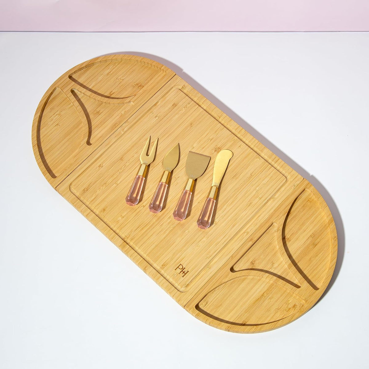 Paris Hilton Charcuterie Board and Serving Set, Bamboo Serving Board, Ceramic Dish, Cheese Utensils with Titanium Coated Blades, 6-Piece Set, Pink