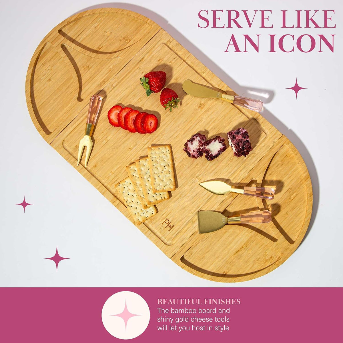 Paris Hilton Charcuterie Board and Serving Set, Bamboo Serving Board, Ceramic Dish, Cheese Utensils with Titanium Coated Blades, 6-Piece Set, Pink