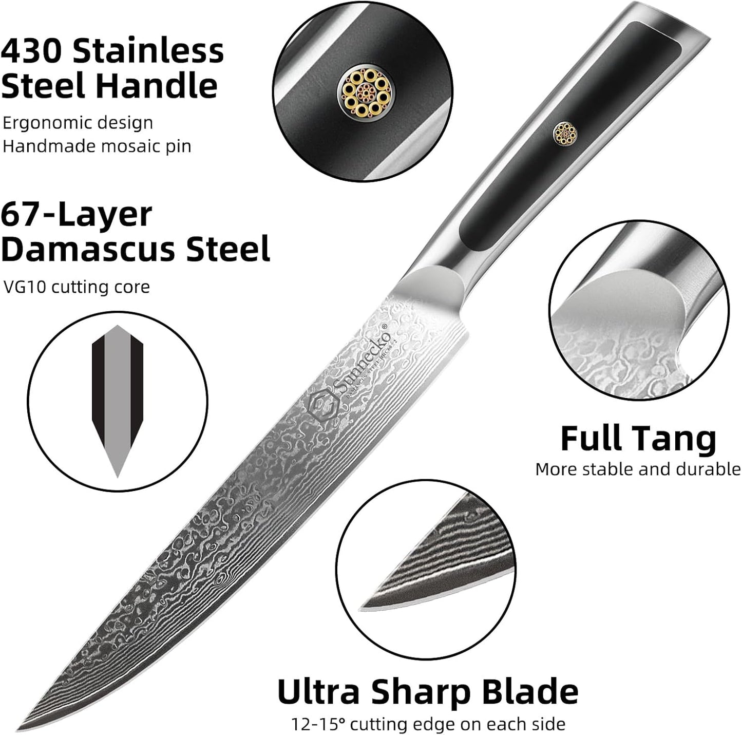 Damascus Kitchen Knife 8 Inch Carving Knife for Meat Slicing Knife Japanese VG10 Steel,Full Tang