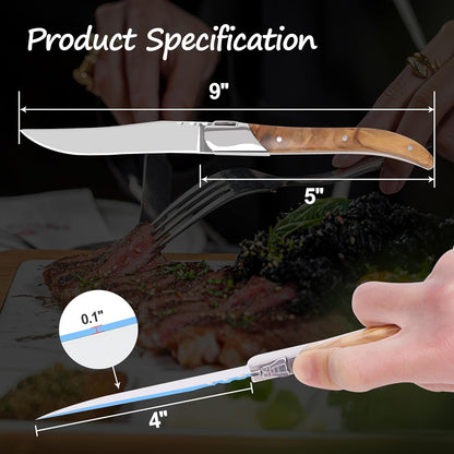 Laguiole Style Steak Knife Set of 8, Non-serrated Steak Knife Set with Olive Wood Handle, Sharp Stainless Steel Steak Knives with Gift Box, Dinner Cutlery Set for Home Party
