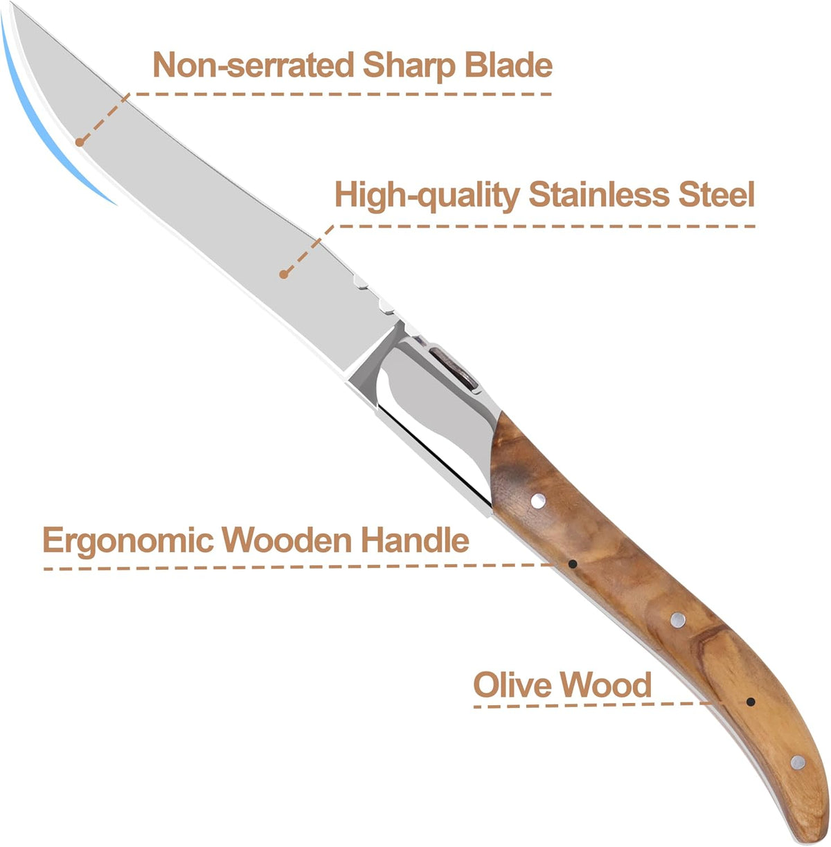 Laguiole Style Steak Knife Set of 8, Non-serrated Steak Knife Set with Olive Wood Handle, Sharp Stainless Steel Steak Knives with Gift Box, Dinner Cutlery Set for Home Party