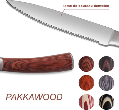 Laguiole Style Steak Knife Set of 8, Non-serrated Steak Knife Set with Olive Wood Handle, Sharp Stainless Steel Steak Knives with Gift Box, Dinner Cutlery Set for Home Party