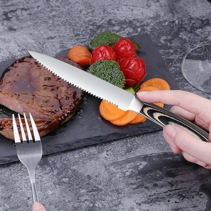 Laguiole Style Steak Knife Set of 8, Non-serrated Steak Knife Set with Olive Wood Handle, Sharp Stainless Steel Steak Knives with Gift Box, Dinner Cutlery Set for Home Party
