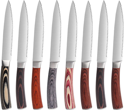 Laguiole Style Steak Knife Set of 8, Non-serrated Steak Knife Set with Olive Wood Handle, Sharp Stainless Steel Steak Knives with Gift Box, Dinner Cutlery Set for Home Party
