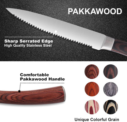 Laguiole Style Steak Knife Set of 8, Non-serrated Steak Knife Set with Olive Wood Handle, Sharp Stainless Steel Steak Knives with Gift Box, Dinner Cutlery Set for Home Party