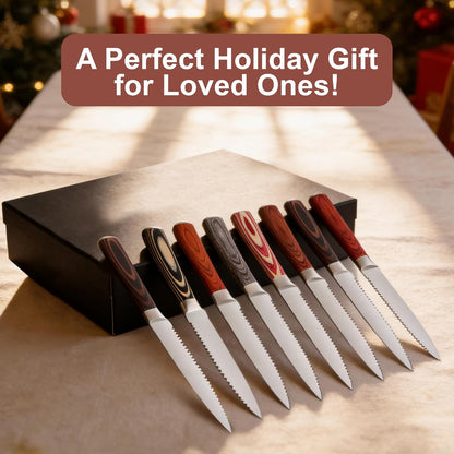 Laguiole Style Steak Knife Set of 8, Non-serrated Steak Knife Set with Olive Wood Handle, Sharp Stainless Steel Steak Knives with Gift Box, Dinner Cutlery Set for Home Party