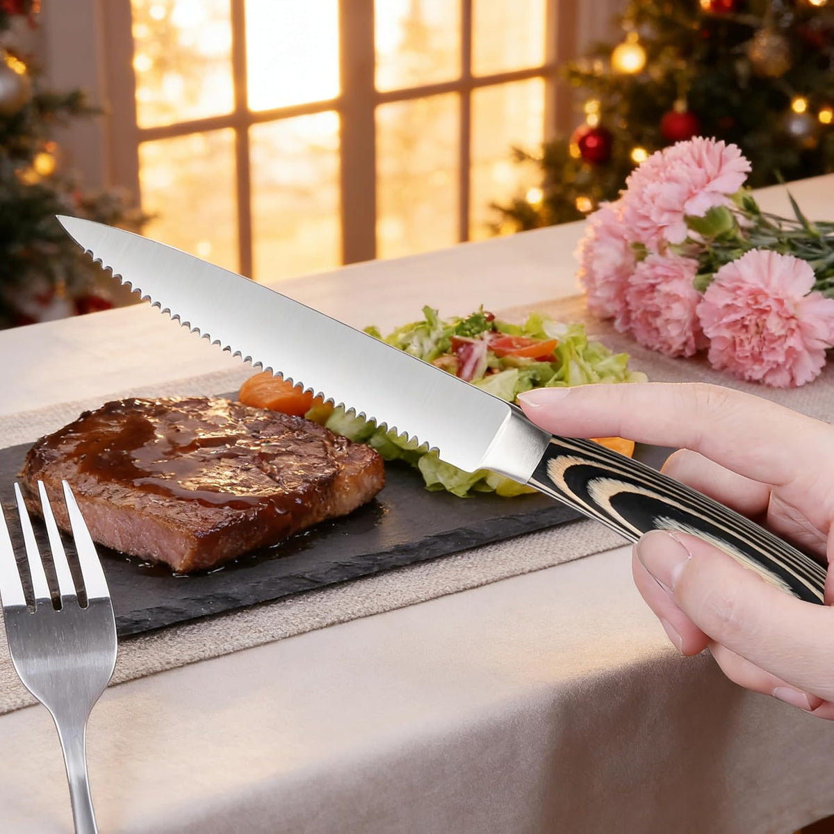 Laguiole Style Steak Knife Set of 8, Non-serrated Steak Knife Set with Olive Wood Handle, Sharp Stainless Steel Steak Knives with Gift Box, Dinner Cutlery Set for Home Party