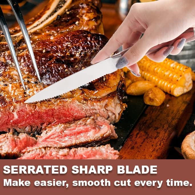 Laguiole Style Steak Knife Set of 8, Non-serrated Steak Knife Set with Olive Wood Handle, Sharp Stainless Steel Steak Knives with Gift Box, Dinner Cutlery Set for Home Party