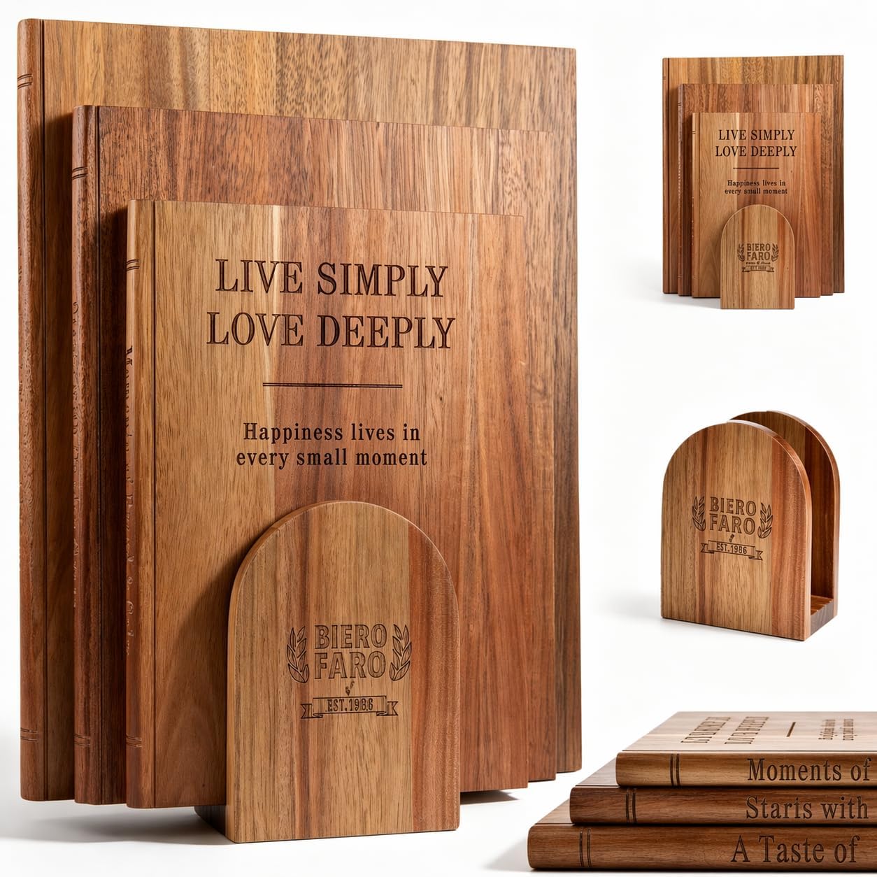 Acacia Wood Cutting Board Set of 3 with Stand, Multi-Size Book-Style Wooden Chopping Boards for Kitchen Food Prep, Meat, Fruit, Cheese, Charcuterie and Serving