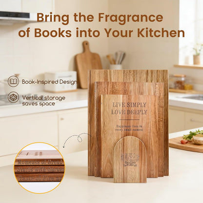 Acacia Wood Cutting Board Set of 3 with Stand, Multi-Size Book-Style Wooden Chopping Boards for Kitchen Food Prep, Meat, Fruit, Cheese, Charcuterie and Serving