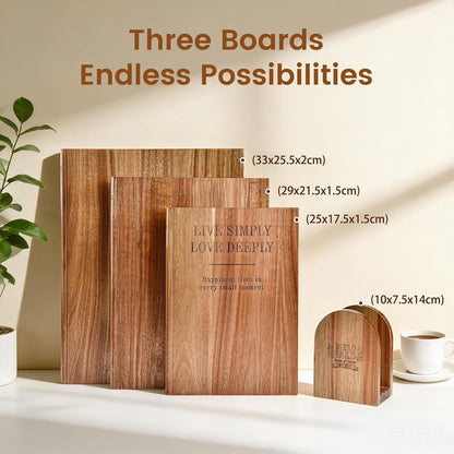 Acacia Wood Cutting Board Set of 3 with Stand, Multi-Size Book-Style Wooden Chopping Boards for Kitchen Food Prep, Meat, Fruit, Cheese, Charcuterie and Serving