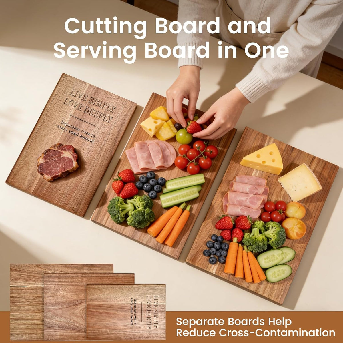 Acacia Wood Cutting Board Set of 3 with Stand, Multi-Size Book-Style Wooden Chopping Boards for Kitchen Food Prep, Meat, Fruit, Cheese, Charcuterie and Serving