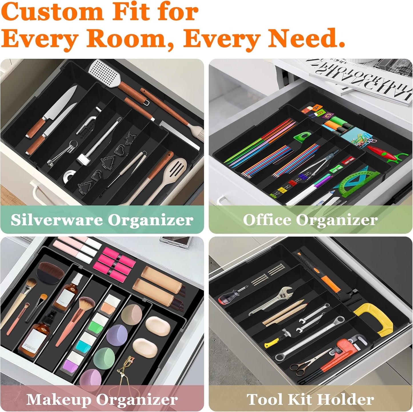 Expandable Large Silverware Organizer - BPA-Free Food-Safe Utensil Drawer Organizer Adjustable Kitchen Drawer Organizer Flatware Cutlery Tray, Classified Storage for Spoons Forks Knives