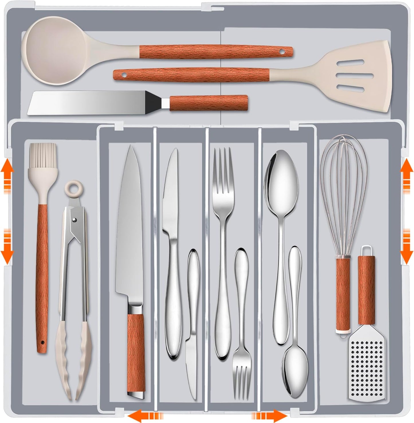 Expandable Large Silverware Organizer - BPA-Free Food-Safe Utensil Drawer Organizer Adjustable Kitchen Drawer Organizer Flatware Cutlery Tray, Classified Storage for Spoons Forks Knives