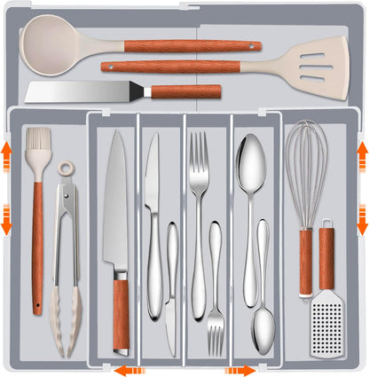 Expandable Large Silverware Organizer - BPA-Free Food-Safe Utensil Drawer Organizer Adjustable Kitchen Drawer Organizer Flatware Cutlery Tray, Classified Storage for Spoons Forks Knives