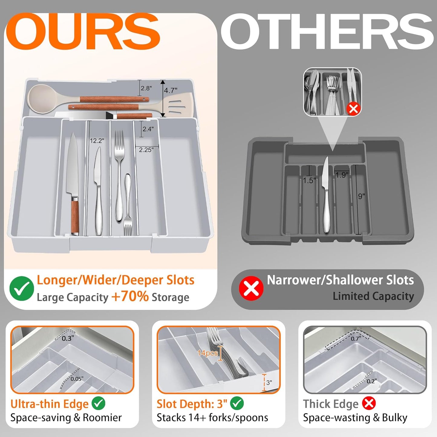 Expandable Large Silverware Organizer - BPA-Free Food-Safe Utensil Drawer Organizer Adjustable Kitchen Drawer Organizer Flatware Cutlery Tray, Classified Storage for Spoons Forks Knives