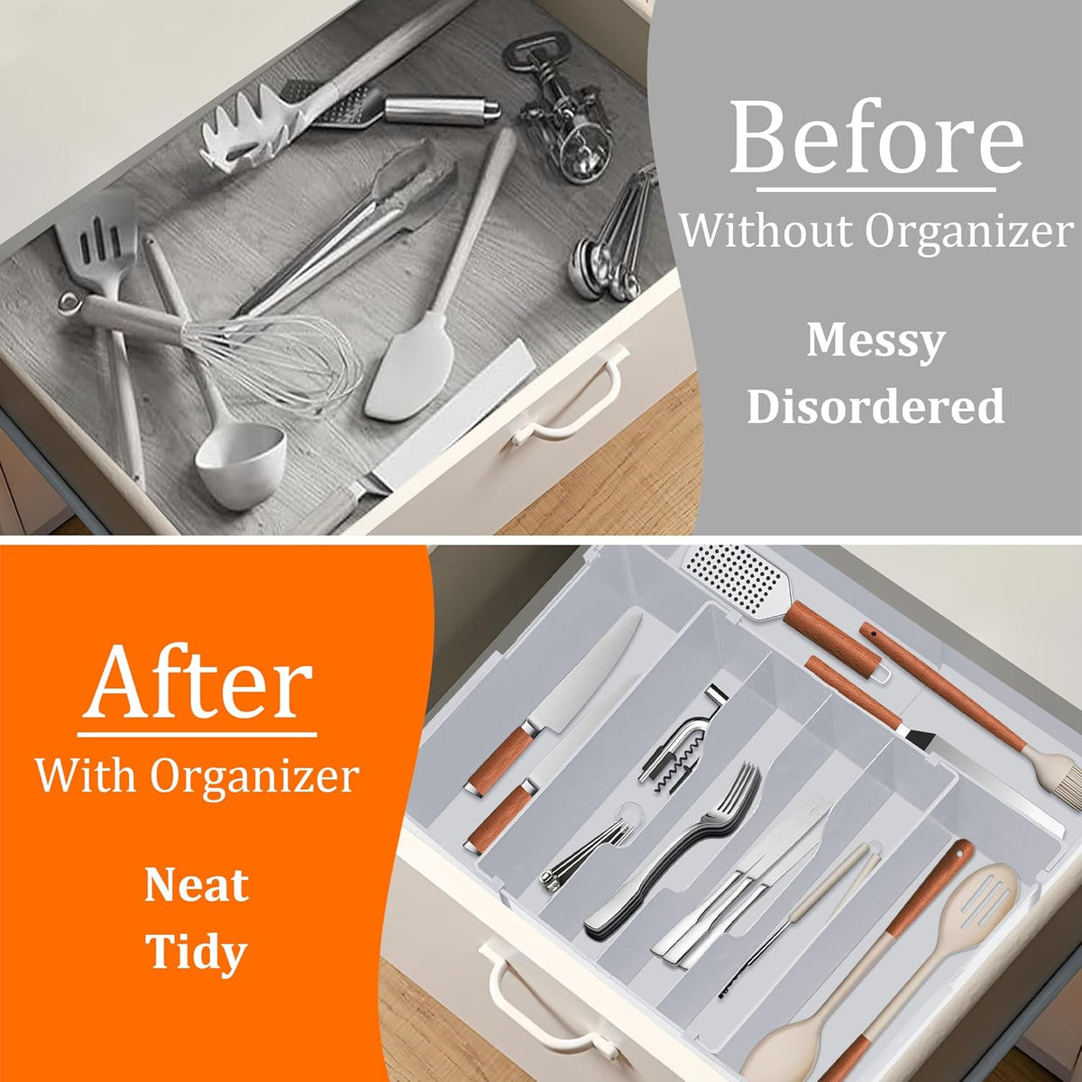 Expandable Large Silverware Organizer - BPA-Free Food-Safe Utensil Drawer Organizer Adjustable Kitchen Drawer Organizer Flatware Cutlery Tray, Classified Storage for Spoons Forks Knives