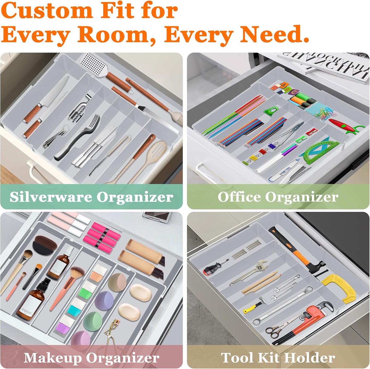 Expandable Large Silverware Organizer - BPA-Free Food-Safe Utensil Drawer Organizer Adjustable Kitchen Drawer Organizer Flatware Cutlery Tray, Classified Storage for Spoons Forks Knives