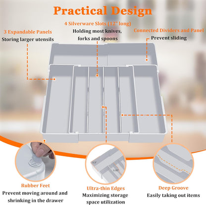 Expandable Large Silverware Organizer - BPA-Free Food-Safe Utensil Drawer Organizer Adjustable Kitchen Drawer Organizer Flatware Cutlery Tray, Classified Storage for Spoons Forks Knives