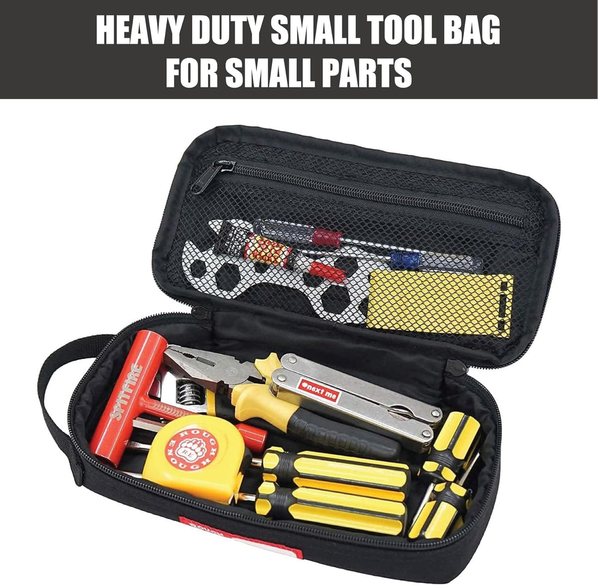 Rough Enough Small Tool Bag Pouch, Compact EDC Organizer | 9"x4"x1.7", YKK Zipper, 3mm Foam Padding, Carabiner and Keychain, Holds Tools, Cables, Multimeter, For Travel, Car, DIY