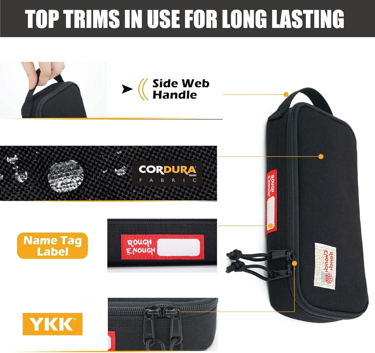 Rough Enough Small Tool Bag Pouch, Compact EDC Organizer | 9"x4"x1.7", YKK Zipper, 3mm Foam Padding, Carabiner and Keychain, Holds Tools, Cables, Multimeter, For Travel, Car, DIY