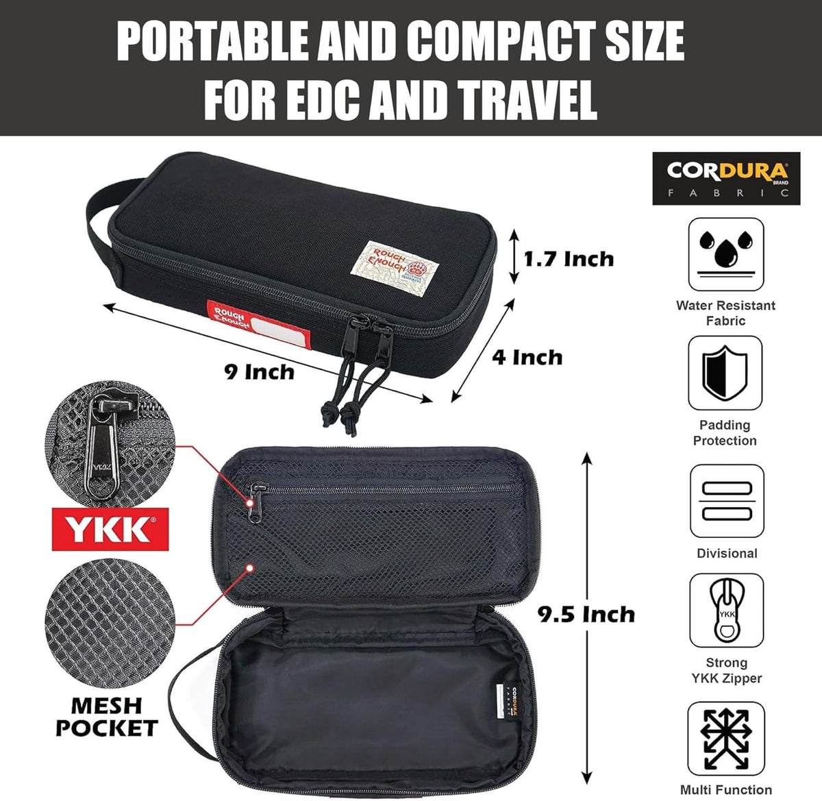 Rough Enough Small Tool Bag Pouch, Compact EDC Organizer | 9"x4"x1.7", YKK Zipper, 3mm Foam Padding, Carabiner and Keychain, Holds Tools, Cables, Multimeter, For Travel, Car, DIY