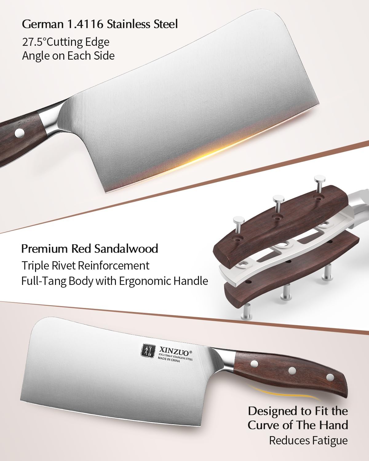 Meat Cleaver Knife, 7 Inches German Stainless Steel Chef Cleaver Knife,Vegetable Meat Cleaver,Multifunction Chopper Butcher Knife,Chinese Chef Knife, Ultra Sharp, Red Sandalwood Handle