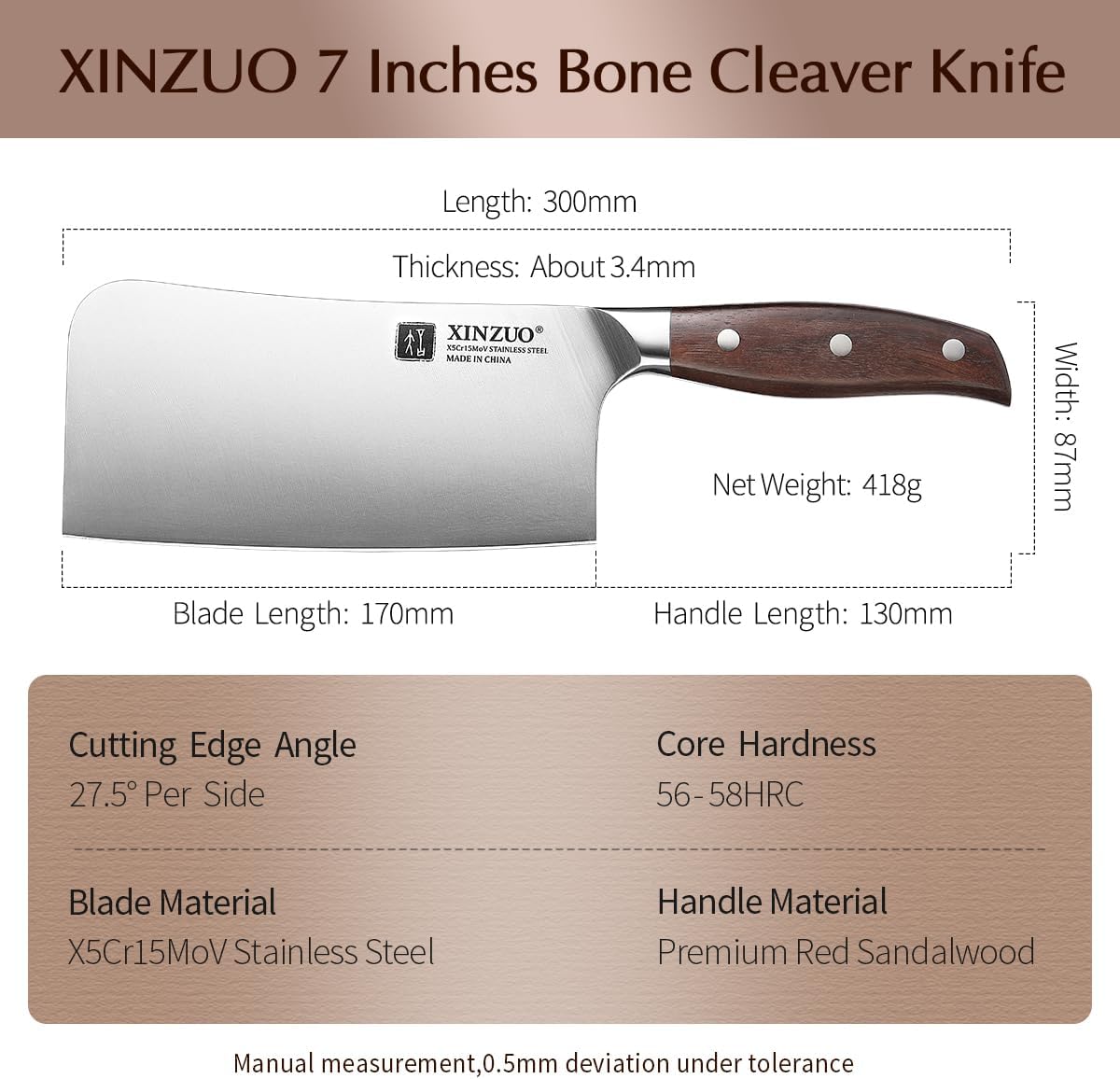 Meat Cleaver Knife, 7 Inches German Stainless Steel Chef Cleaver Knife,Vegetable Meat Cleaver,Multifunction Chopper Butcher Knife,Chinese Chef Knife, Ultra Sharp, Red Sandalwood Handle