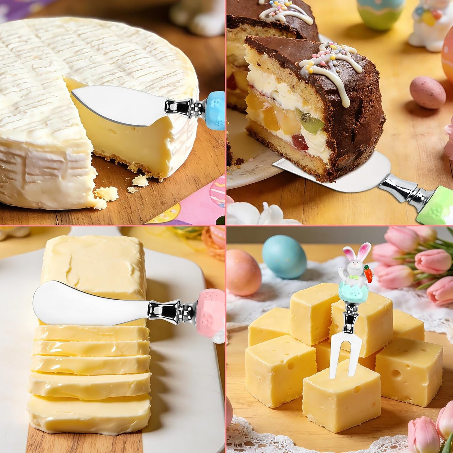 4 Pcs Easter Cheese Knives Set, Resin Handle with Stainless Steel Blade Spreader for Cheese Cream Jam Butter Charcuterie Board Tools
