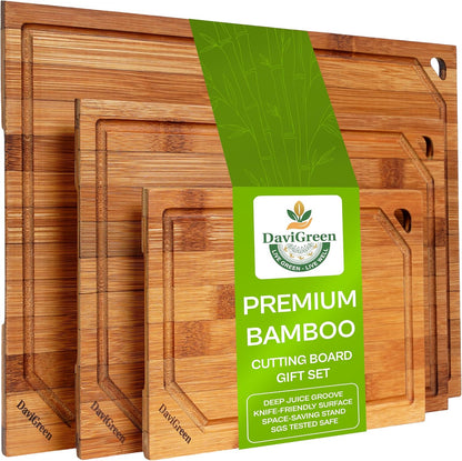 Bamboo Cutting Board Set of 3 for Kitchen, Reversible Carbonized Bamboo Cutting Boards with Juice Groove & Hidden Handles, 3 Sizes for Meal Prep, Chopping, Serving & Everyday Cooking