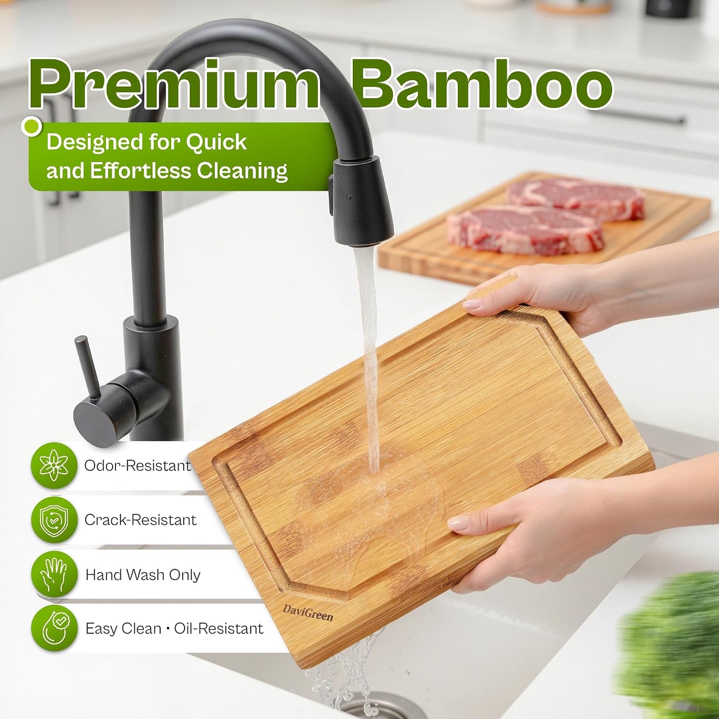Bamboo Cutting Board Set of 3 for Kitchen, Reversible Carbonized Bamboo Cutting Boards with Juice Groove & Hidden Handles, 3 Sizes for Meal Prep, Chopping, Serving & Everyday Cooking