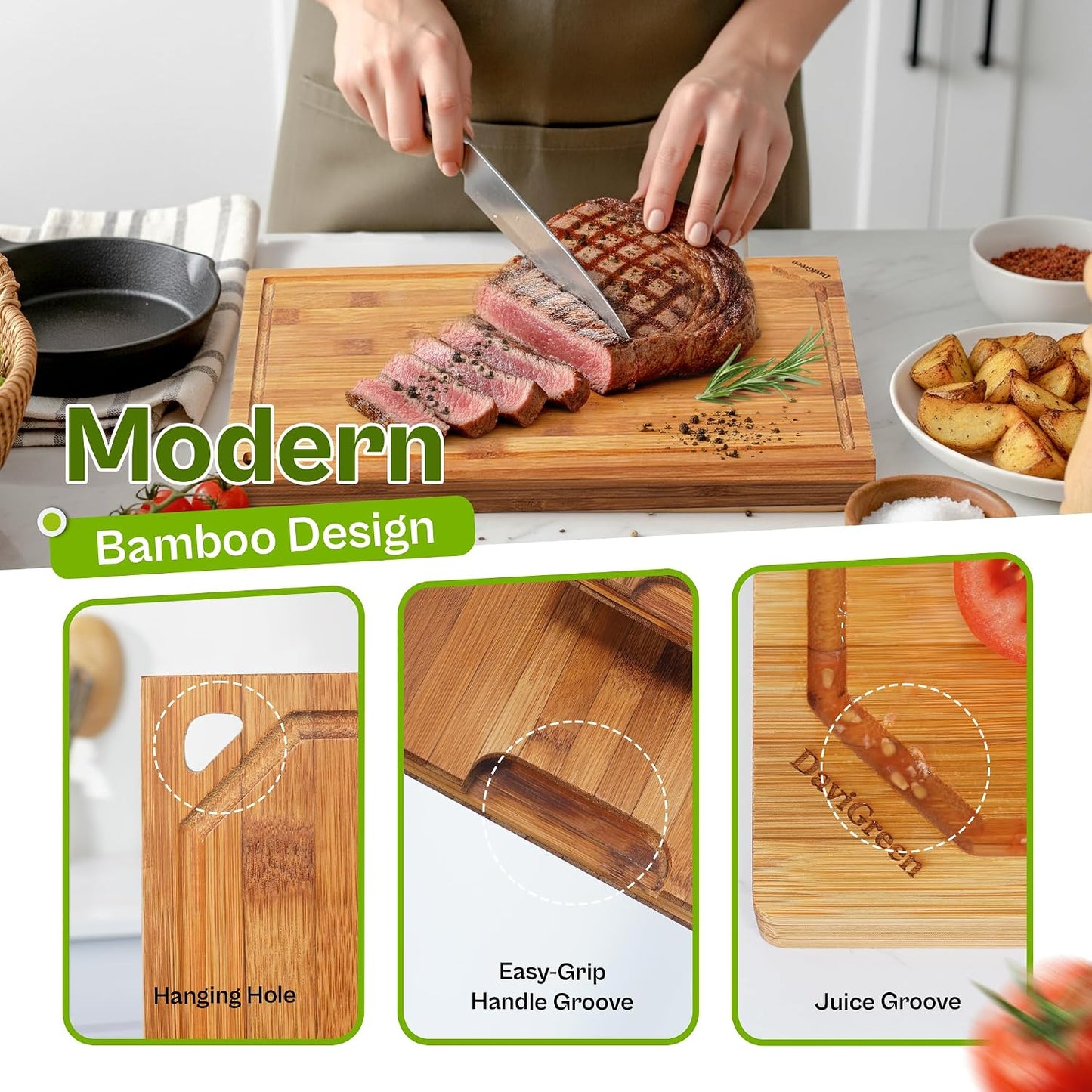Bamboo Cutting Board Set of 3 for Kitchen, Reversible Carbonized Bamboo Cutting Boards with Juice Groove & Hidden Handles, 3 Sizes for Meal Prep, Chopping, Serving & Everyday Cooking