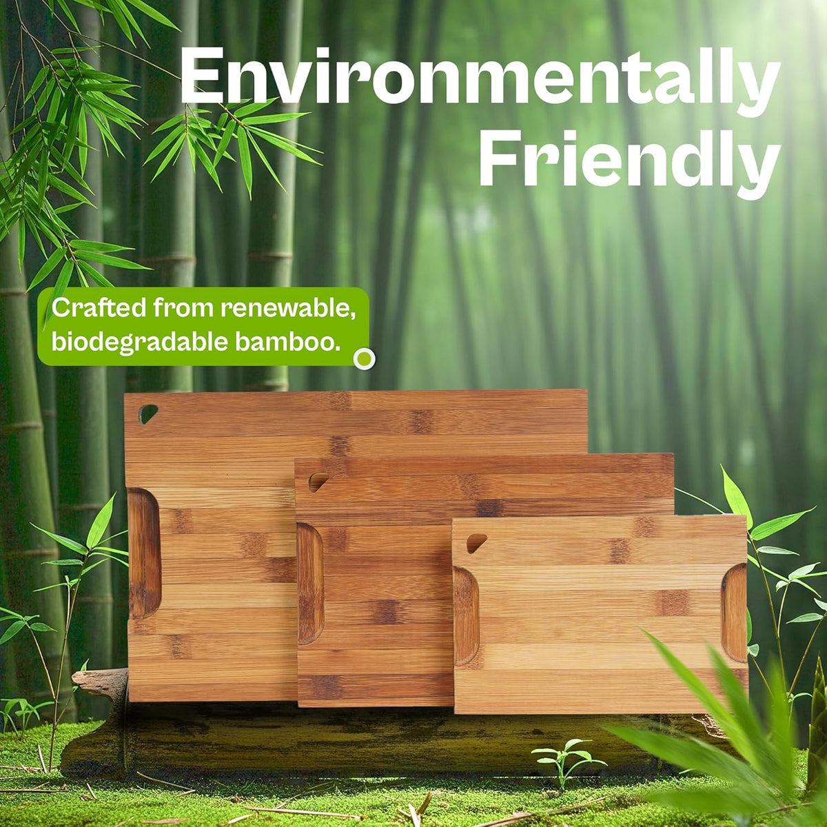 Bamboo Cutting Board Set of 3 for Kitchen, Reversible Carbonized Bamboo Cutting Boards with Juice Groove & Hidden Handles, 3 Sizes for Meal Prep, Chopping, Serving & Everyday Cooking