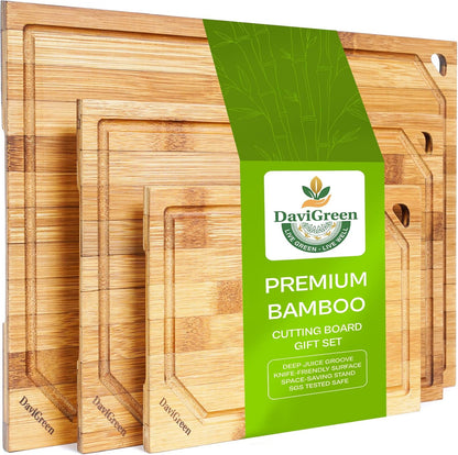 Bamboo Cutting Board Set of 3 for Kitchen, Reversible Carbonized Bamboo Cutting Boards with Juice Groove & Hidden Handles, 3 Sizes for Meal Prep, Chopping, Serving & Everyday Cooking