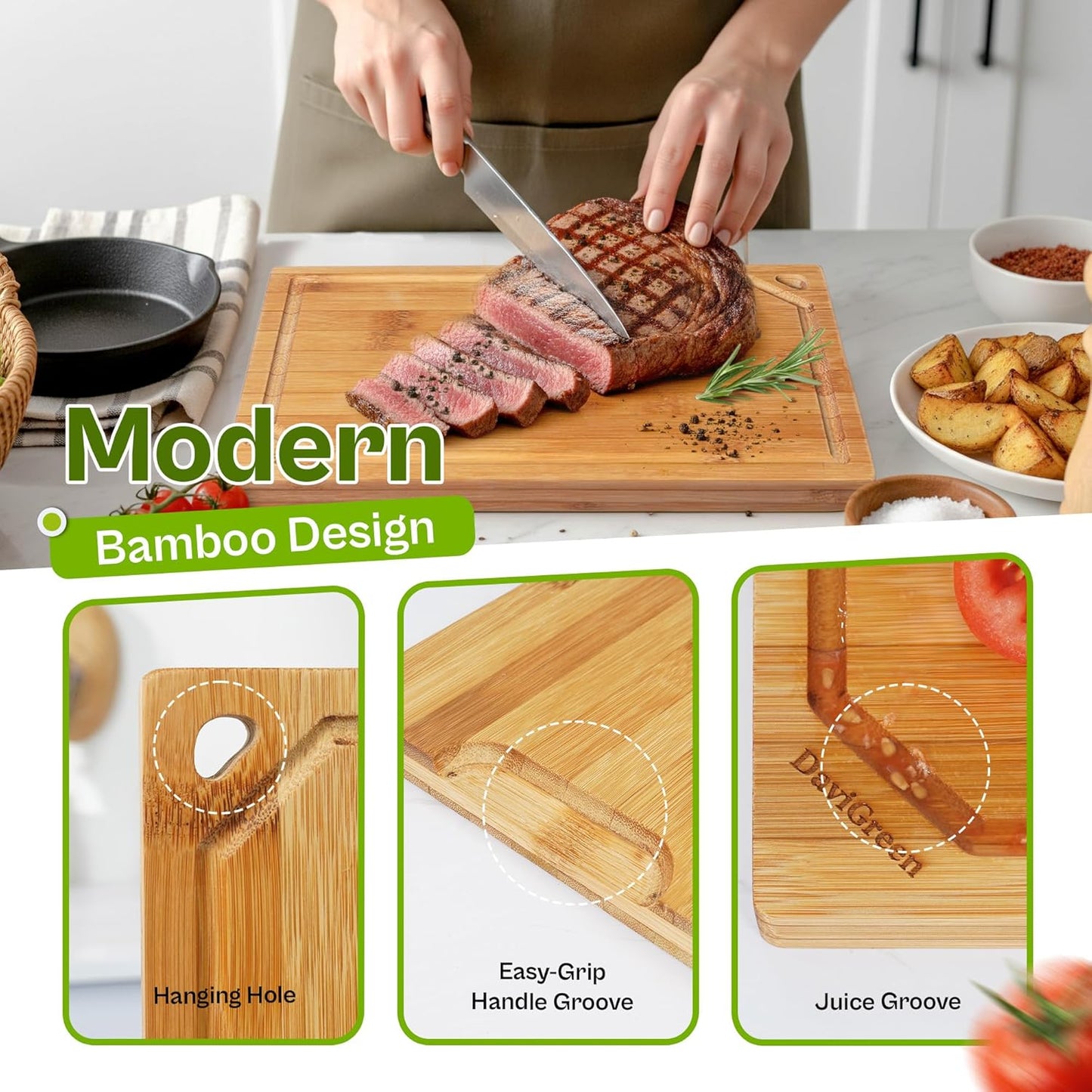 Bamboo Cutting Board Set of 3 for Kitchen, Reversible Carbonized Bamboo Cutting Boards with Juice Groove & Hidden Handles, 3 Sizes for Meal Prep, Chopping, Serving & Everyday Cooking