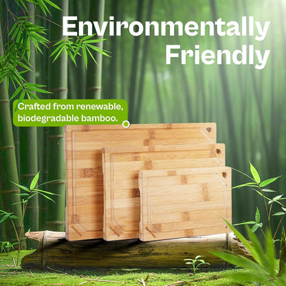 Bamboo Cutting Board Set of 3 for Kitchen, Reversible Carbonized Bamboo Cutting Boards with Juice Groove & Hidden Handles, 3 Sizes for Meal Prep, Chopping, Serving & Everyday Cooking