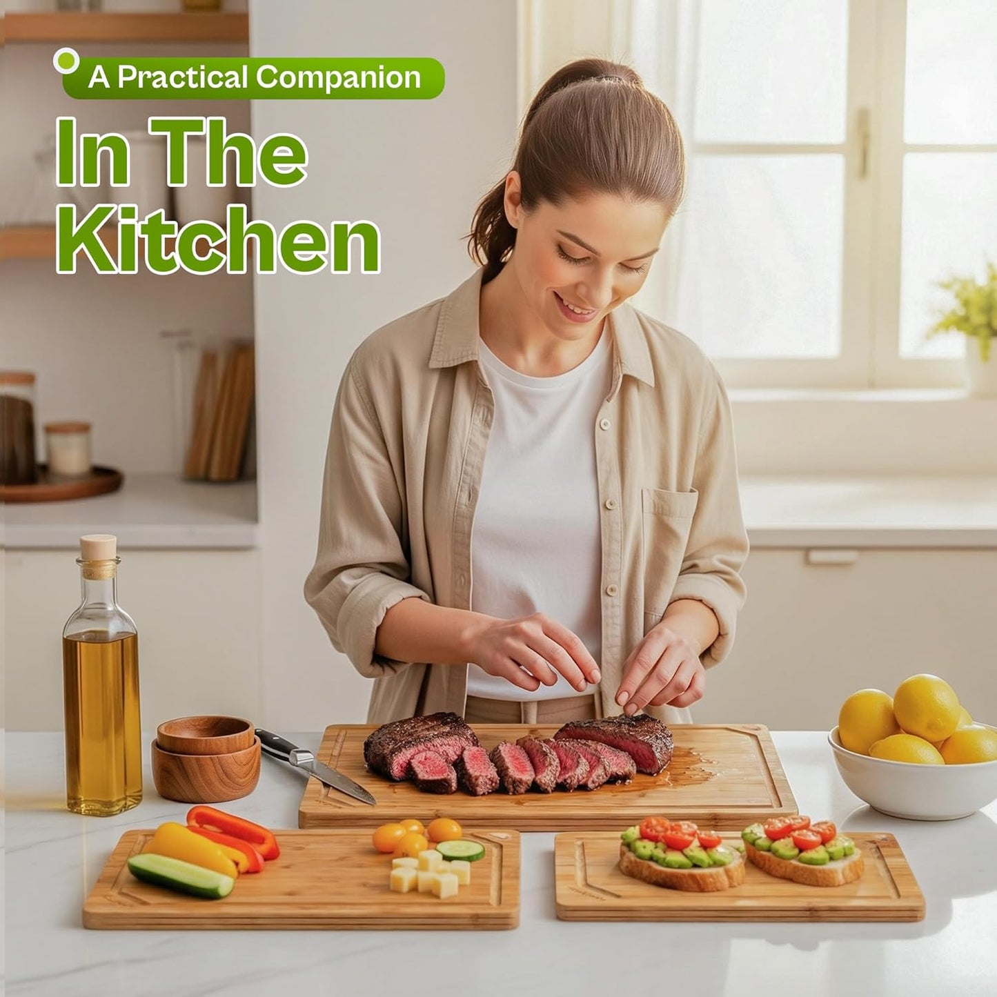 Bamboo Cutting Board Set of 3 for Kitchen, Reversible Carbonized Bamboo Cutting Boards with Juice Groove & Hidden Handles, 3 Sizes for Meal Prep, Chopping, Serving & Everyday Cooking