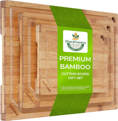 Bamboo Cutting Board Set of 3 for Kitchen, Reversible Carbonized Bamboo Cutting Boards with Juice Groove & Hidden Handles, 3 Sizes for Meal Prep, Chopping, Serving & Everyday Cooking