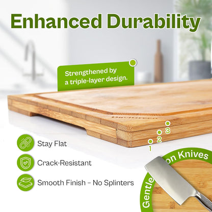 Bamboo Cutting Board Set of 3 for Kitchen, Reversible Carbonized Bamboo Cutting Boards with Juice Groove & Hidden Handles, 3 Sizes for Meal Prep, Chopping, Serving & Everyday Cooking
