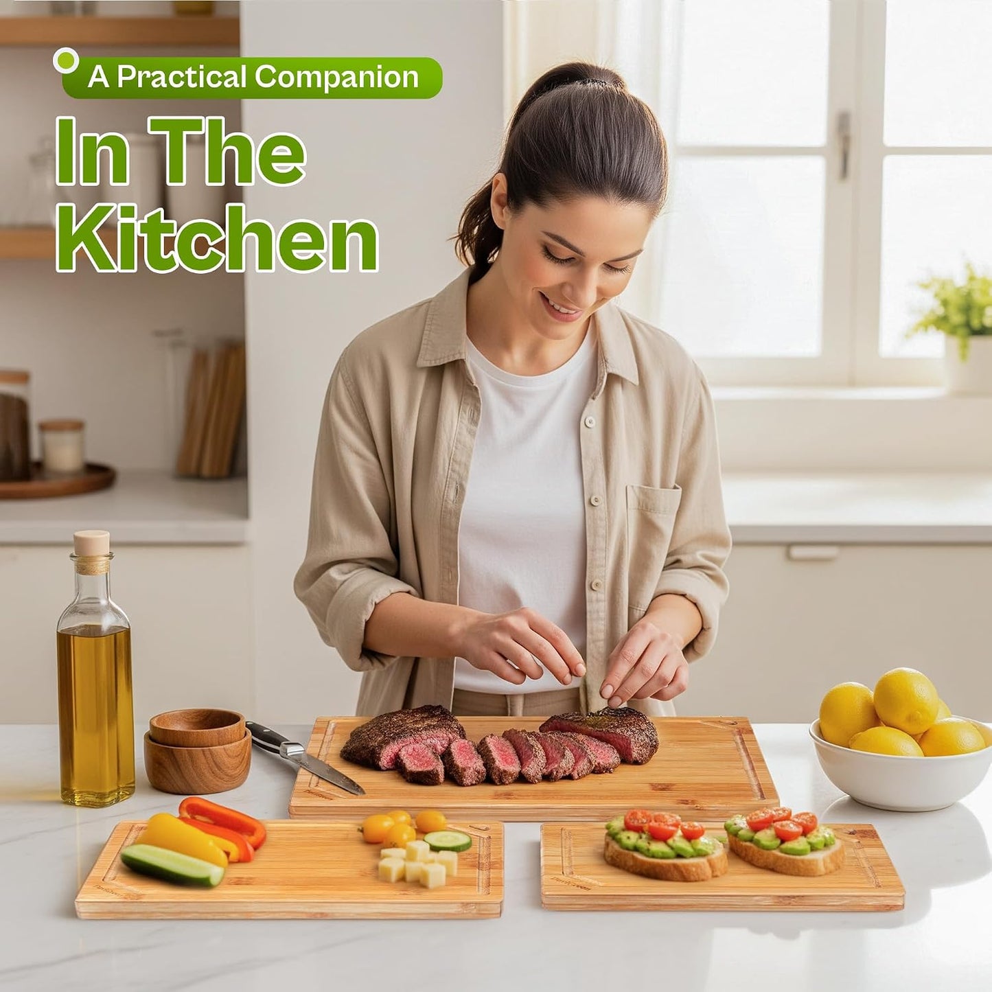 Bamboo Cutting Board Set of 3 for Kitchen, Reversible Carbonized Bamboo Cutting Boards with Juice Groove & Hidden Handles, 3 Sizes for Meal Prep, Chopping, Serving & Everyday Cooking