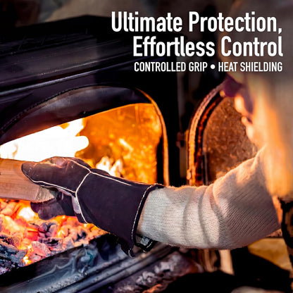 Fireplace Gloves Fire Heat Resistant: Dark-Grey 16IN 932℉ - Fireproof Leather for Fireplace Fire Pit Wood Stove Campfire Furnace BBQ Grill Oven Stick Mig Welding Welder Gear - Birthday Gift XL
