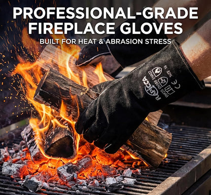 Fireplace Gloves Fire Heat Resistant: Dark-Grey 16IN 932℉ - Fireproof Leather for Fireplace Fire Pit Wood Stove Campfire Furnace BBQ Grill Oven Stick Mig Welding Welder Gear - Birthday Gift XL