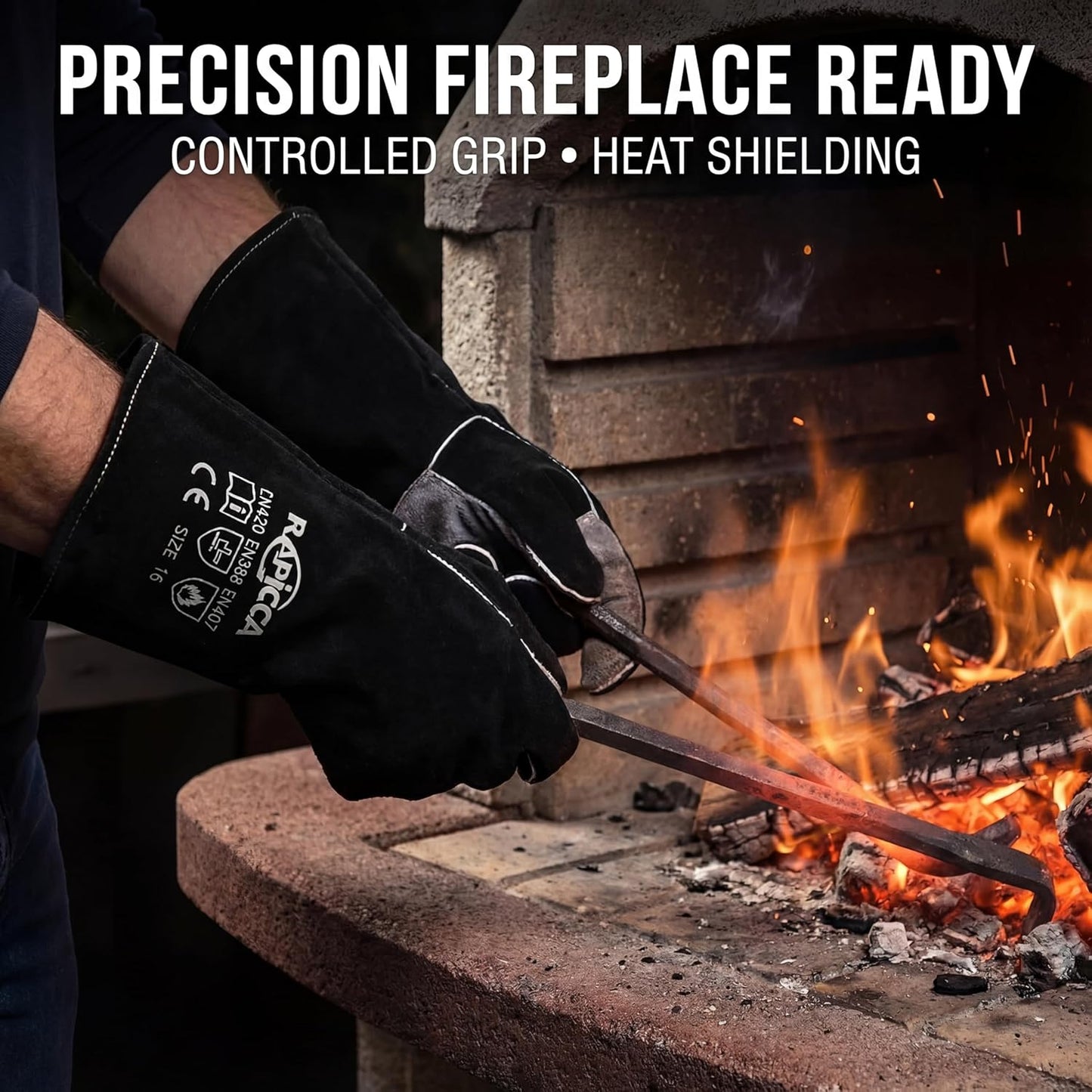 Fireplace Gloves Fire Heat Resistant: Dark-Grey 16IN 932℉ - Fireproof Leather for Fireplace Fire Pit Wood Stove Campfire Furnace BBQ Grill Oven Stick Mig Welding Welder Gear - Birthday Gift XL