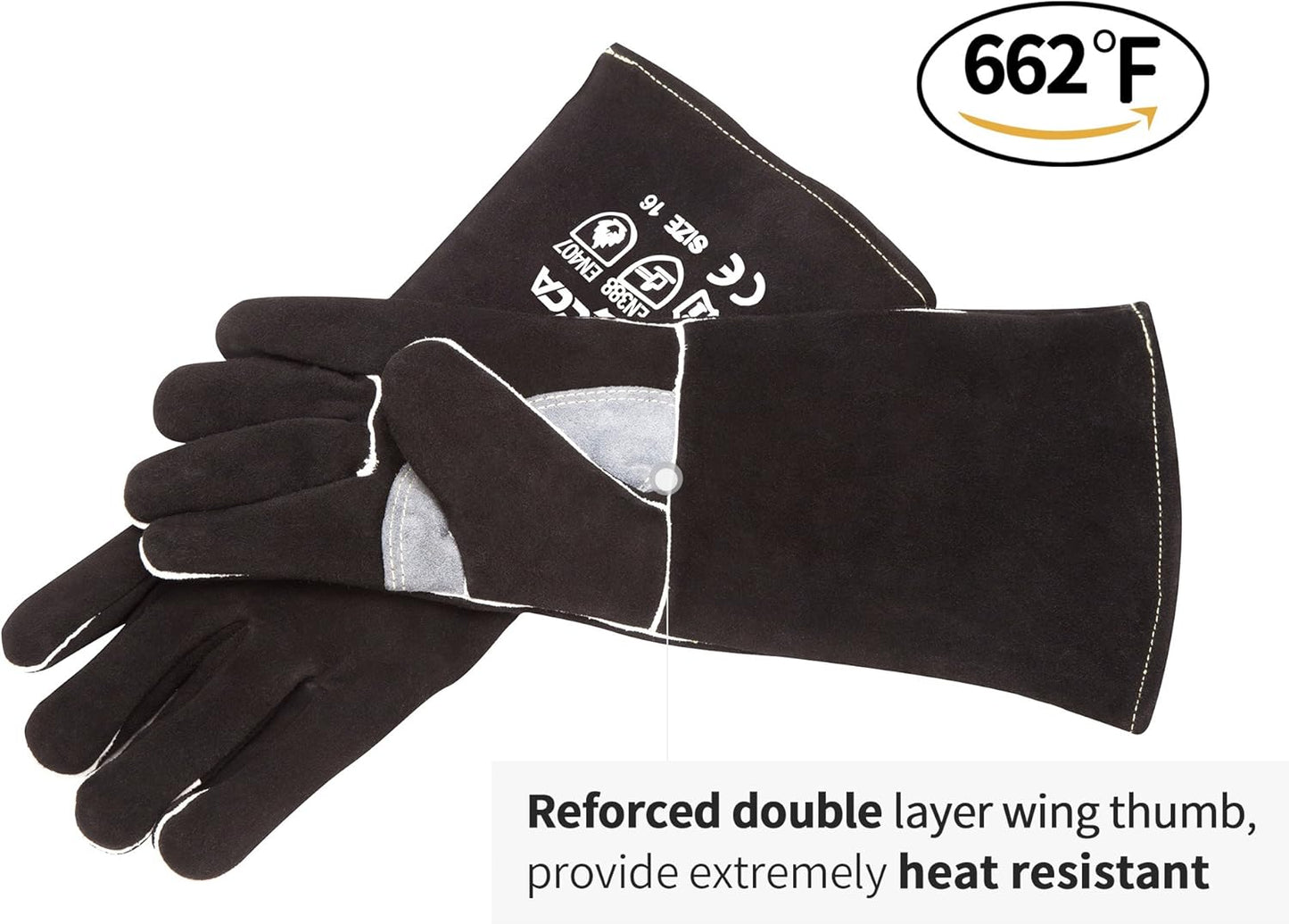 Fireplace Gloves Fire Heat Resistant: Dark-Grey 16IN 932℉ - Fireproof Leather for Fireplace Fire Pit Wood Stove Campfire Furnace BBQ Grill Oven Stick Mig Welding Welder Gear - Birthday Gift XL