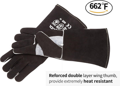 Fireplace Gloves Fire Heat Resistant: Dark-Grey 16IN 932℉ - Fireproof Leather for Fireplace Fire Pit Wood Stove Campfire Furnace BBQ Grill Oven Stick Mig Welding Welder Gear - Birthday Gift XL