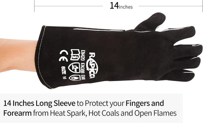 Fireplace Gloves Fire Heat Resistant: Dark-Grey 16IN 932℉ - Fireproof Leather for Fireplace Fire Pit Wood Stove Campfire Furnace BBQ Grill Oven Stick Mig Welding Welder Gear - Birthday Gift XL
