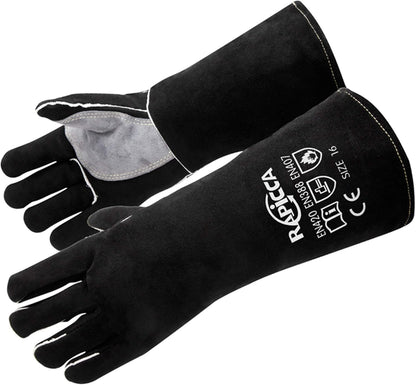 Fireplace Gloves Fire Heat Resistant: Dark-Grey 16IN 932℉ - Fireproof Leather for Fireplace Fire Pit Wood Stove Campfire Furnace BBQ Grill Oven Stick Mig Welding Welder Gear - Birthday Gift XL